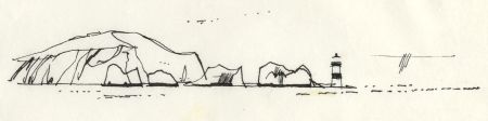 Paul Sharp - 1964 Pen and Ink Drawing, Cliffs and Lighthouse
