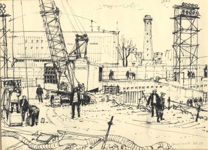 Paul Sharp - 1958 Pen and Ink Drawing, Construction Site
