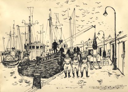 Paul Sharp - Mid 20th Century Pen and Ink Drawing, Fishermen and Boats
