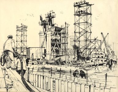 Paul Sharp - Mid 20th Century Pen and Ink Drawing, Construction Site