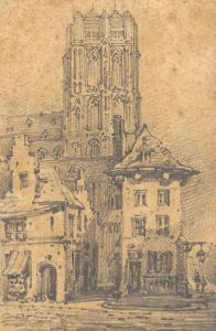 Mid 19th Century Graphite Drawing - Continental Buildings
