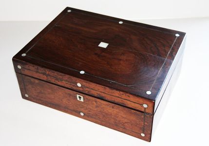 19th Century Antique Jewellery Box - Brass and Mother of Pearl Inlaid Rosewood