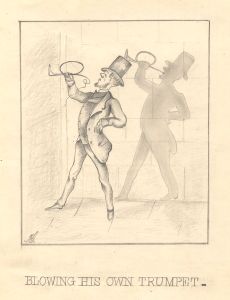 Mongram JLY - 19th Century Graphite Drawing, Blowing his Own Trumpet