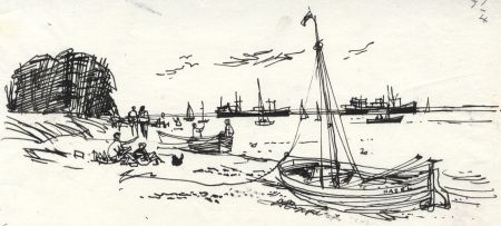 Paul Sharp - Mid 20th Century Pen and Ink Drawing, Boats on Shore