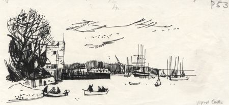 Paul Sharp - Mid 20th Century Pen and Ink Drawing, Castle by the Dock