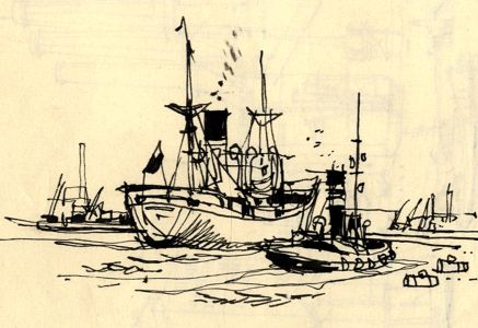 Paul Sharp - Mid 20th Century Pen and Ink Drawing, Ships in Dock
