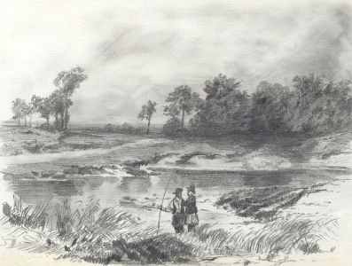 Mid 19th Century Graphite Drawing - Lake with Figures