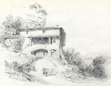 Mid 19th Century Graphite Drawing - House with Figures