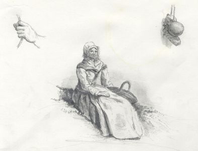 Mid 19th Century Graphite Drawing - Seated Woman with Studies