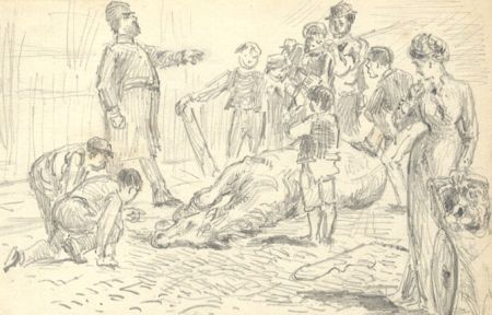 Late 19th Century Graphite Drawing - Crowd around Fallen Horse