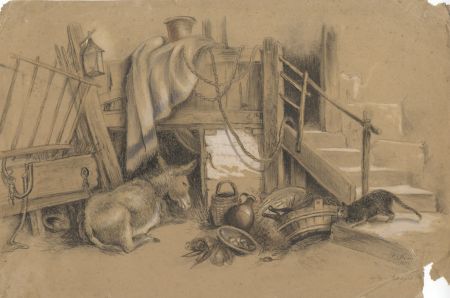 P.S. Bury - 1851 Charcoal Drawing, Stable Scene after Ferogio