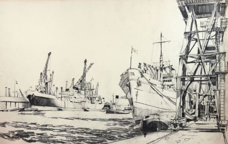 Paul Sharp - Large Mid 20th Century Graphite Drawing, View of Ships in Dock