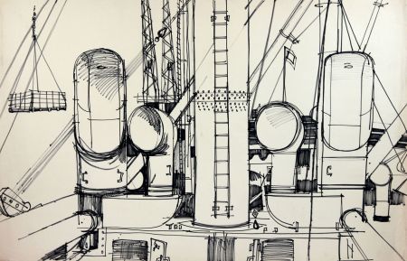Paul Sharp - Mid 20th Century Pen and Ink Drawing, View on Ship's Deck in Dock