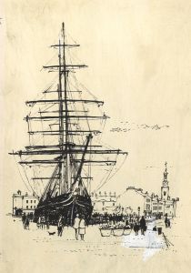 Paul Sharp - Mid 20th Century Pen and Ink Drawing, Galleon in Harbour