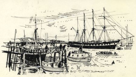 Paul Sharp - Mid 20th Century Pen and Ink Drawing, Boats at Harbour