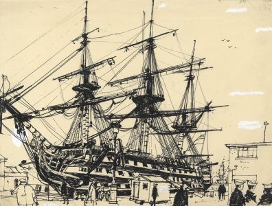 Paul Sharp - Mid 20th Century Pen and Ink Drawing, Galleon in Dock