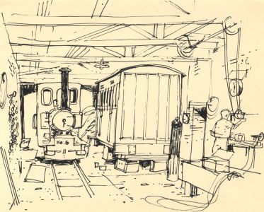 Paul Sharp - Mid 20th Century Pen and Ink Drawing, Tallylyn Railway Sheds