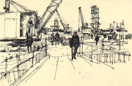 Paul Sharp - 1958 Pen and Ink Drawing, Construction Site