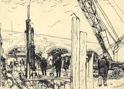 Paul Sharp - 1958 Pen and Ink Drawing, Construction Site