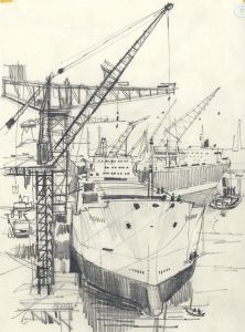 Paul Sharp - Mid 20th Century Graphite Drawing, Ship in Dock