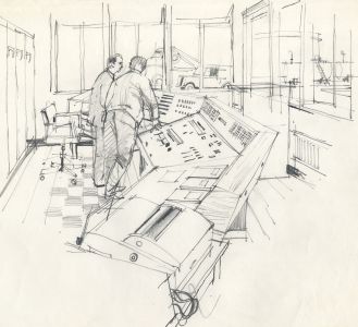Paul Sharp - Mid 20th Century Graphite Drawing, Control Room