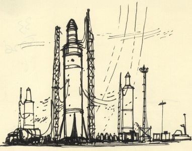 Paul Sharp - Mid 20th Century Pen and Ink Drawing, Space Shuttle Launch