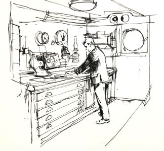 Paul Sharp - Mid 20th Century Pen and Ink Drawing, Man in Chart Room on Ship