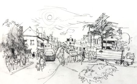 Paul Sharp - Mid 20th Century Graphite Drawing, Busy Town Scene