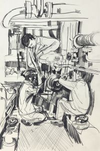Paul Sharp - Mid 20th Century Graphite Drawing, Men with Machinery