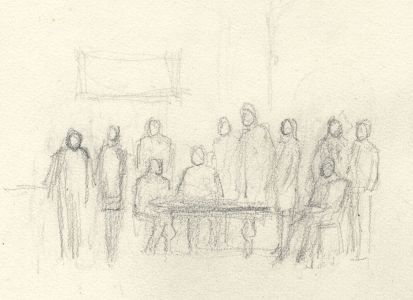 Frances Watt - Mid 20th Century Graphite Drawing, Figures around Table