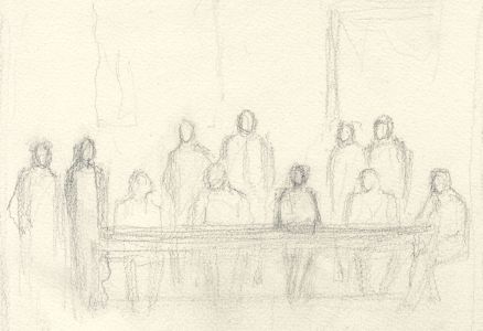 Frances Watt - Mid 20th Century Graphite Drawing, Figures around Table