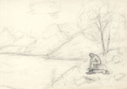 Frances Watt - Mid 20th Century Graphite Drawing, Figure and Dog by Water