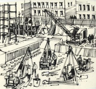Paul Sharp - Mid 20th Century Pen and Ink Drawing, Construction Site