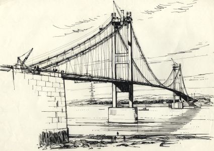 Paul Sharp - Mid 20th Century Pen and Ink Drawing, Suspension Bridge
