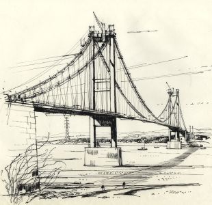 Paul Sharp - Mid 20th Century Pen and Ink Drawing, Suspension Bridge