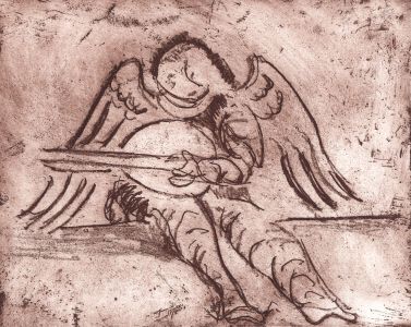 Joan Lewis - Contemporary Monotype, Angel Playing Lute, Brown