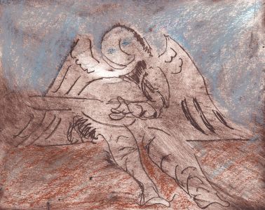 Joan Lewis - Contemporary Monotype, Angel Playing Lute, Brown and Blue