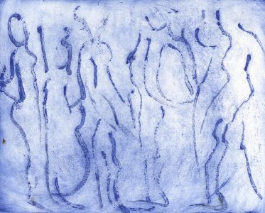 Joan Lewis - Contemporary Monotype, Jostling Figures, Blue