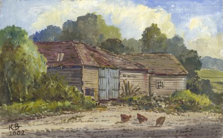 Keith Burtonshaw - 2002 Oil, Farm Buildings with Chickens, Kent