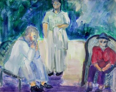 Joan Lewis - Contemporary Oil, Three Figures in a Garden