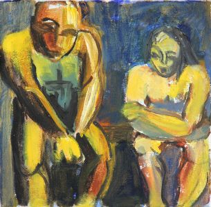 Joan Lewis - Contemporary Oil, Two Seated Figures