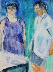 Joan Lewis - Contemporary Oil, Two Figures with Wine Glass
