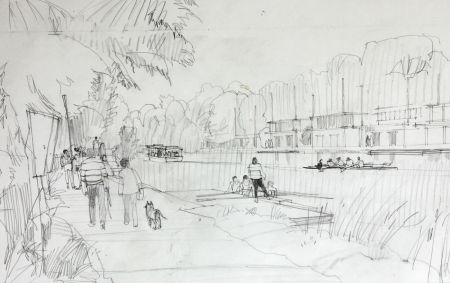 Paul Sharp - Mid 20th Century Graphite Drawing, Thames View with Rowers