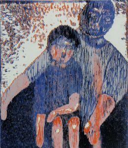 Joan Lewis - Contemporary Woodblock, Father and Child Waiting