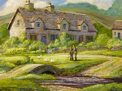 Keith Burtonshaw - Contemporary Oil, Cottages by a River with Geese