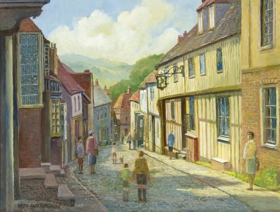 Keith Burtonshaw - Contemporary Oil, Cobbled Street with Figures