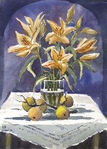 Keith Burtonshaw - 2004 Watercolour, Vase of Flowers and Fruit