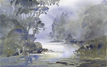 Keith Burtonshaw - 1990 Watercolour, River in Woodland