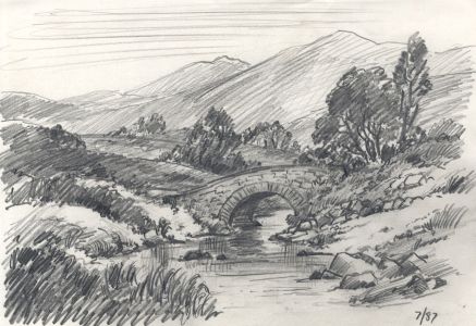 Keith Burtonshaw - 1987 Graphite Drawing, River and Bridge