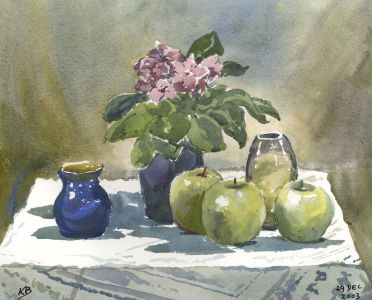 Keith Burtonshaw - 2003 Watercolour, Still Life with Flowers and Apples